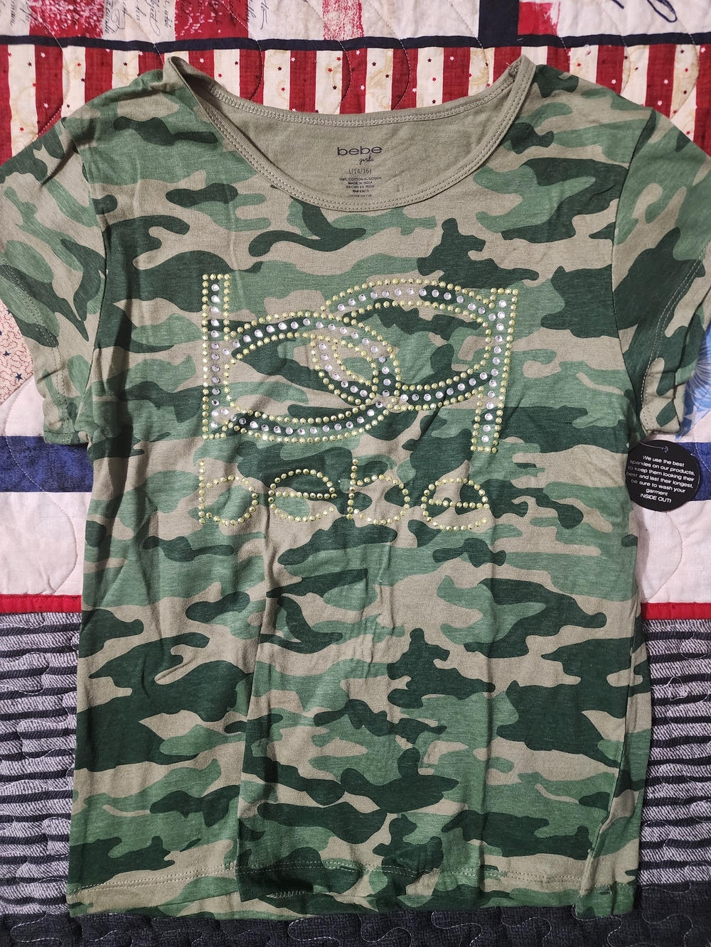 bebe Green Camo Short Sleeve Tee with Rhinestone Logo